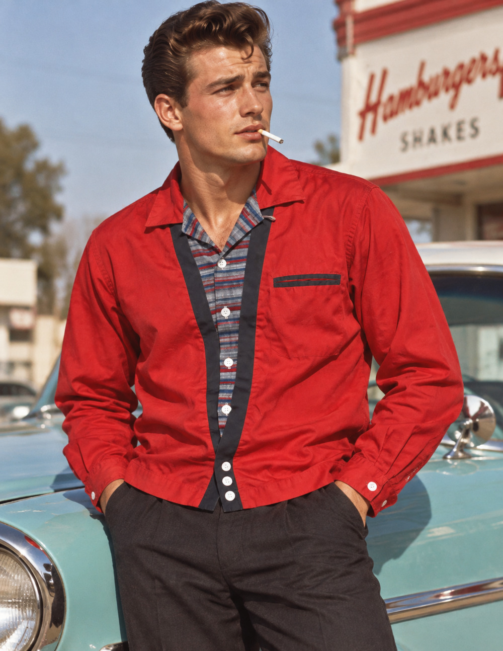 Vintage Men's 1950s Loop Collar Red Stripe Shirt Jacket Doo Wop Rockabilly Elvis